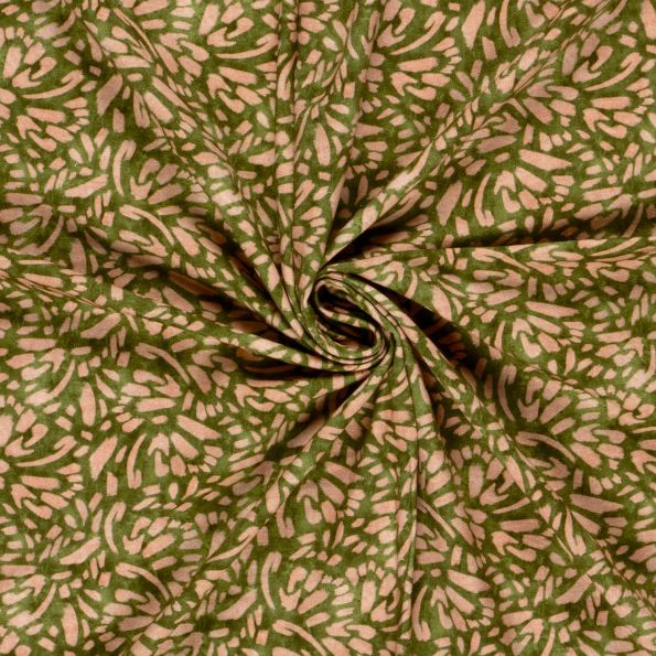 Tissu Sweat léger French Terry Margot extensible feuilles Kaki sur fond Ecru - Par 10 cm