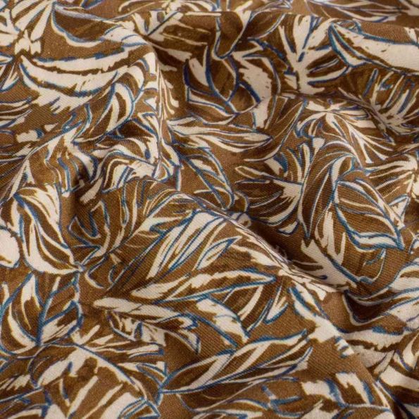 Tissu Sweat léger French Terry Marina extensible feuilles Ecru sur fond Marron - Par 10 cm