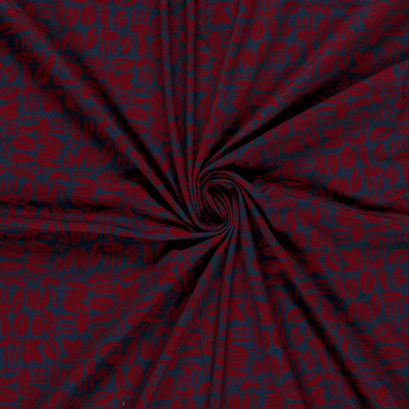 Tissu Sweat léger French Terry Emily feuillages stylisés Bordeaux sur fond Bleu nuit - Par 10 cm