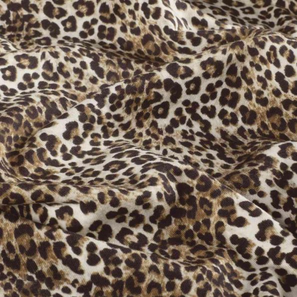 Tissu Sweat léger French Terry Alya extensible léopard Brun et Noir sur fond Beige sable - Par 10 cm