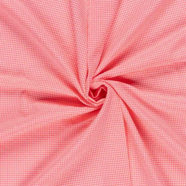 Tissu Seersucker Carreaux Nano Vichy sur fond Rose corail flou - Par 10 cm