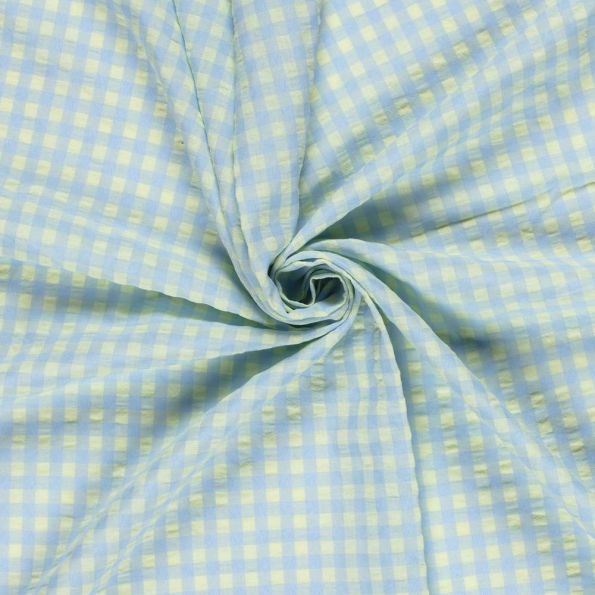 Tissu Coton Seersucker carreaux Vichy sur fond Bleu clair - Par 10 cm