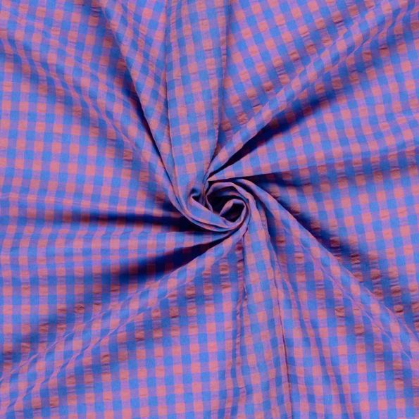 Tissu Seersucker Carreaux rose sur fond Violet - Par 10 cm