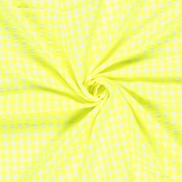 Tissu Seersucker Carreaux blanc sur fond Jaune fluo - Par 10 cm