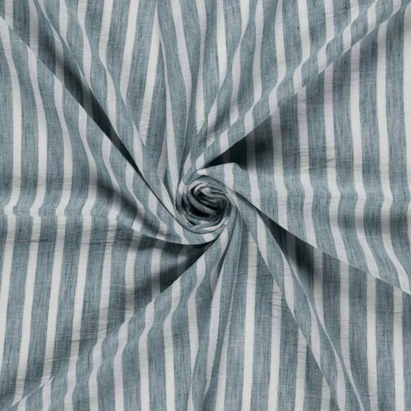 Tissu Polyester aspect Lin Rayures Anna sur fond Bleu gris - Par 10 cm