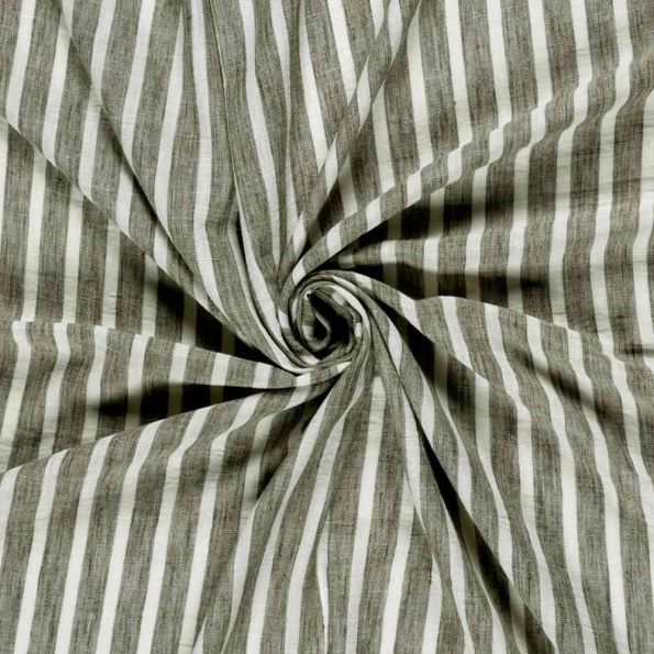 Tissu Polyester aspect Lin Rayures Anna sur fond Vert kaki - Par 10 cm