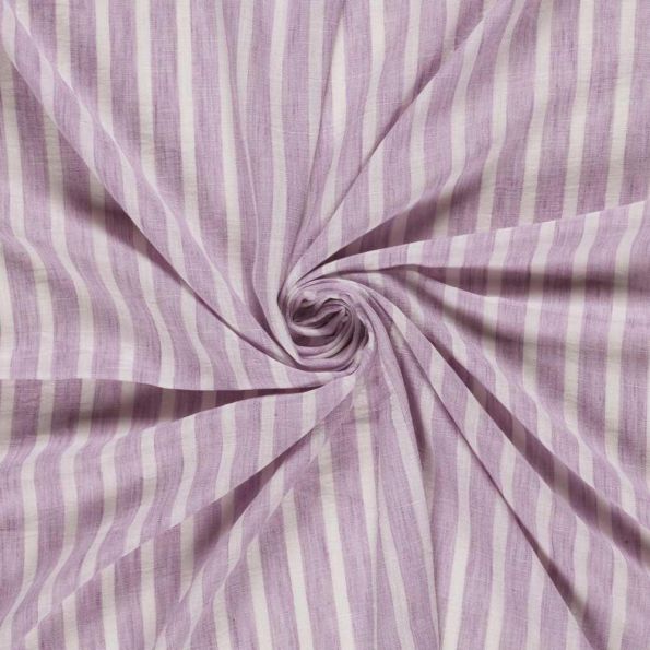 Tissu Polyester aspect Lin Rayures Anna sur fond Lilas - Par 10 cm