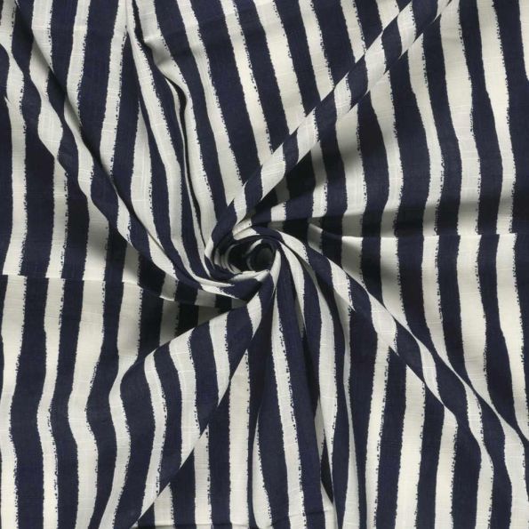Tissu Coton Viscose aspect Lin rayures écru sur fond Bleu marine - Par 10 cm