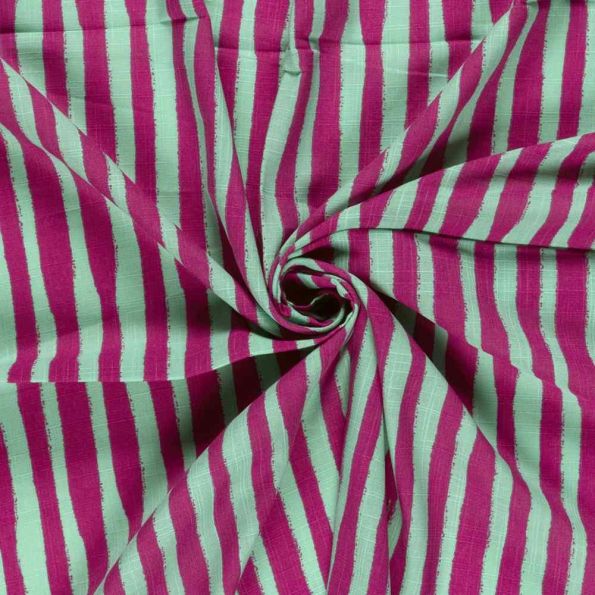 Tissu Viscose Coton aspect Lin rayures Prune sur fond Vert amande - Par 10 cm