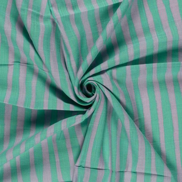 Tissu Viscose Coton aspect Lin rayures Vert Menthe sur fond Gris - Par 10 cm