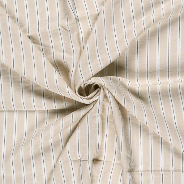 Tissu Crêpe de Viscose Basile fines rayures sur fond Beige - Par 10 cm
