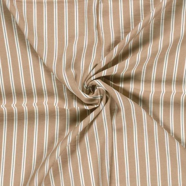 Tissu Crêpe de Viscose Basile fines rayures sur fond Beige sable - Par 10 cm