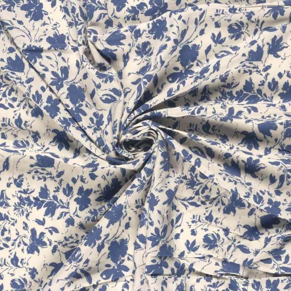 Tissu Popeline de Bambou Célestine motif floral Bleu sur fond Ecru - Par 10 cm