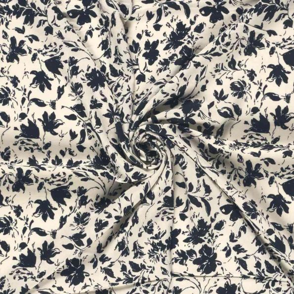 Tissu Popeline de Bambou Célestine motif floral Noir sur fond Ecru - Par 10 cm