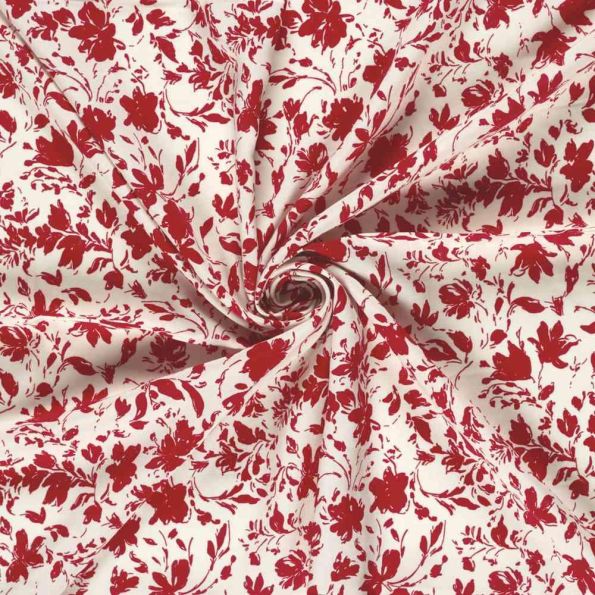Tissu Popeline de Bambou Célestine motif floral Rouge sur fond Ecru - Par 10 cm