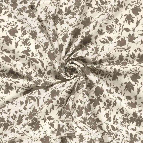 Tissu Popeline de Bambou Célestine motif floral Marron sur fond Ecru - Par 10 cm