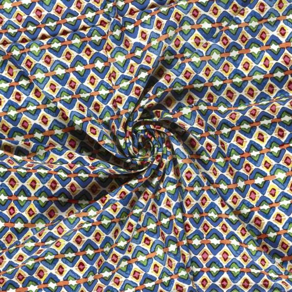 Tissu Viscose imprimé Olympe mosaïque Indigo sur fond Blanc cassé - Par 10 cm