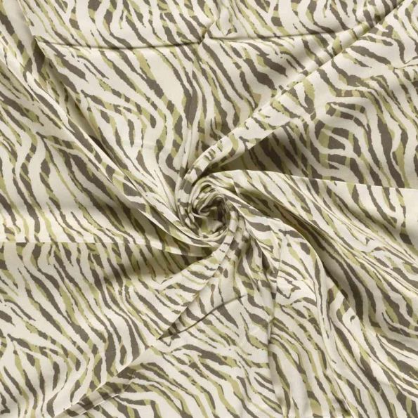 Tissu Viscose satiné Hermine zébré Kaki et Taupe sur fond Ecru - Par 10 cm