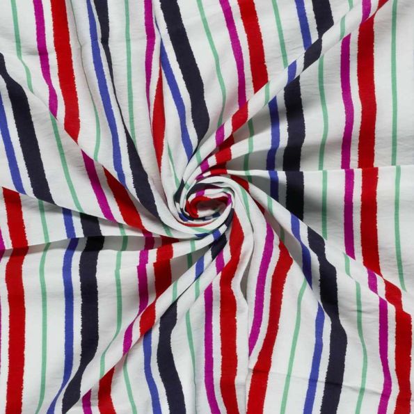Tissu Crêpe de Viscose Lucien rayures Noir, Bleu et Rouge sur fond Blanc - Par 10 cm