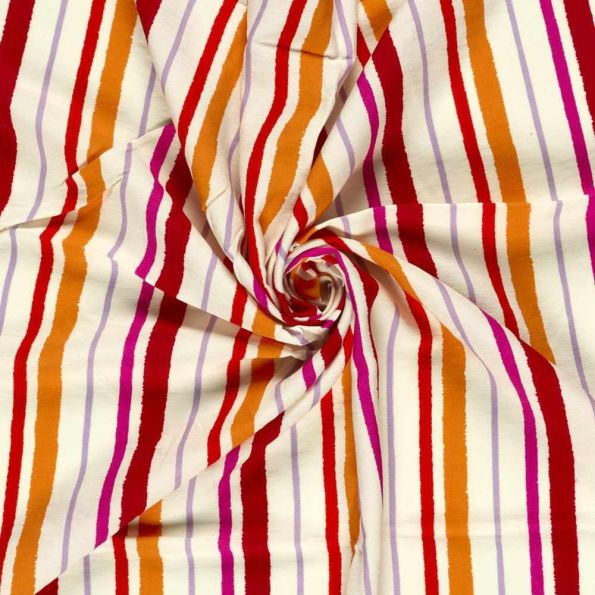 Tissu Crêpe de Viscose Lucien rayures Orange et Rouge sur fond Ecru - Par 10 cm