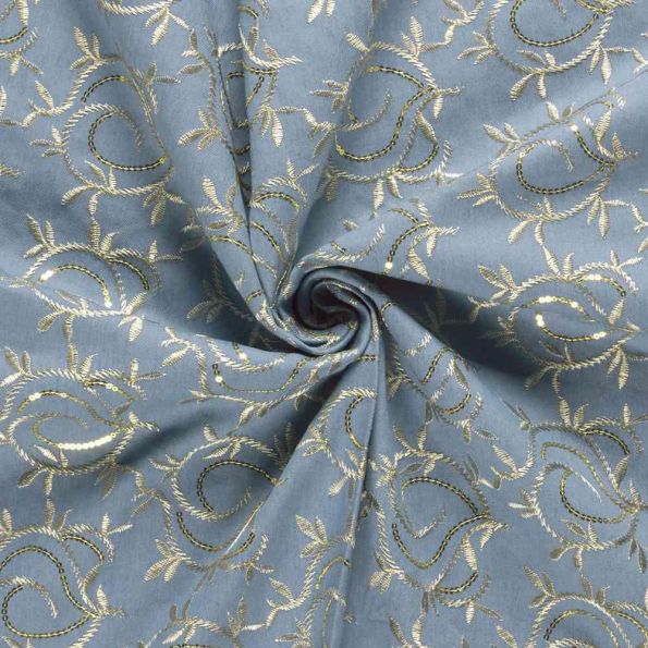 Tissu Chambray Polycoton Agnès broderie végétal Or sur fond Bleu clair - Par 10 cm