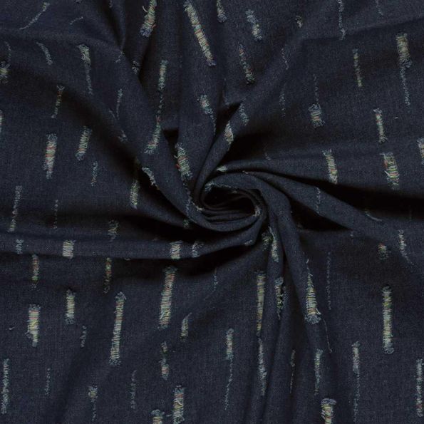 Tissu Jean Denim déchirures fils multicolore sur fond Bleu marine - Par 10 cm