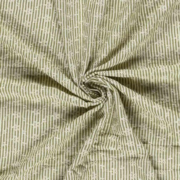 Tissu Popeline de Coton  Brodé petites fleurs rayures Blanc sur fond Vert olive - Par 10 cm