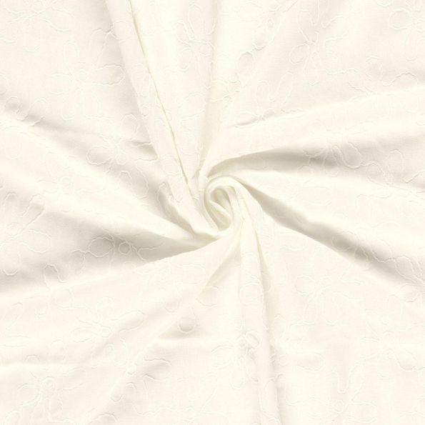 Tissu Viscose Lin chaine et trame Alice broderie fleurs sur fond Blanc cassé - Par 10 cm
