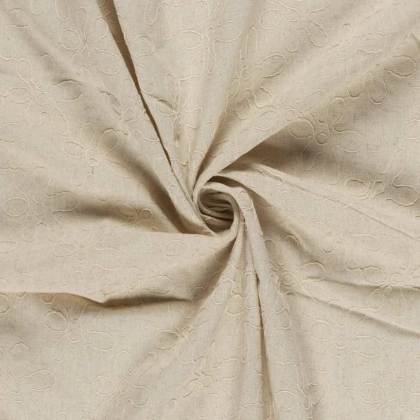 Tissu Viscose Lin chaine et trame Alice broderie fleurs sur fond Beige - Par 10 cm