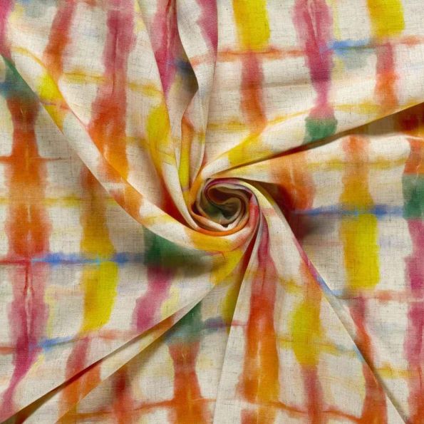 Tissu Lin Viscose imprimé Angèle quadrillage arc-en-ciel sur fond Ecru chiné - Par 10 cm