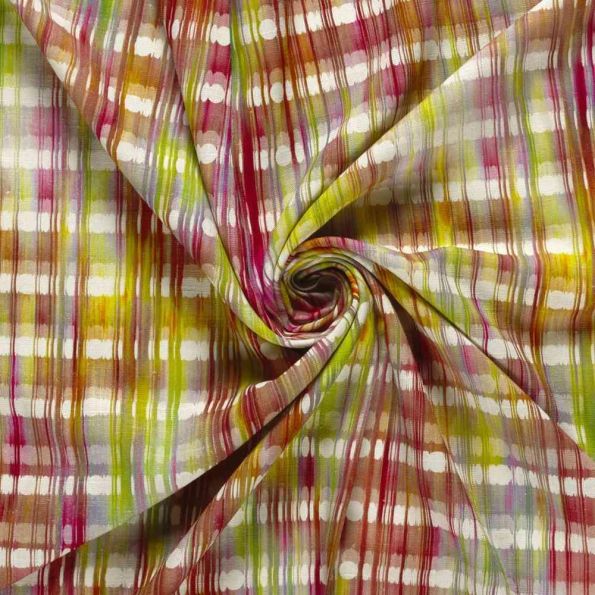 Tissu Lin Viscose Zélie quadrillage flou multicolore sur fond Ecru - Par 10 cm