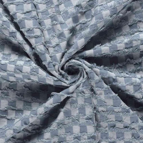 Tissu Jean Denim damier effiloché Bleu gris sur fond Bleu clair - Par 10 cm