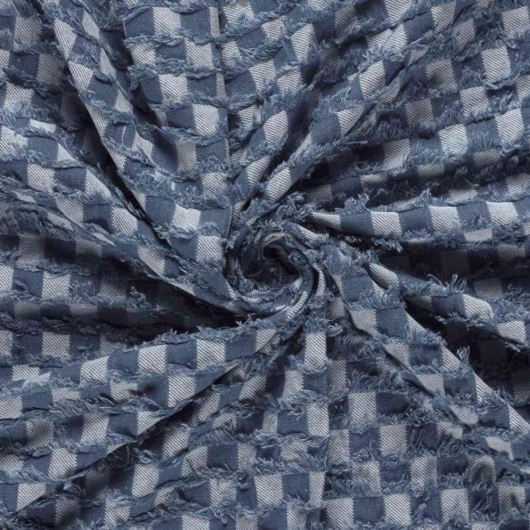 Tissu Jean Denim damier effiloché Bleu gris sur fond Bleu indigo - Par 10 cm