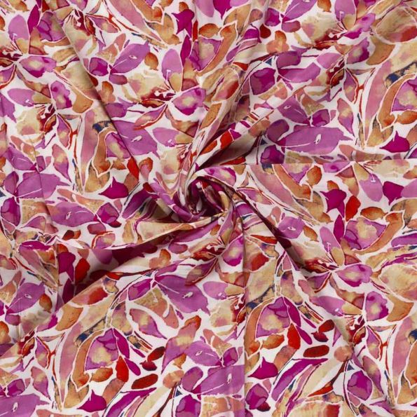 Tissu Viscose imprimé digital Eulalie jardin Pourpre sur fond Blanc cassé - Par 10 cm