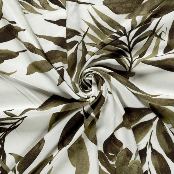 Tissu Viscose imprimé Apolline feuillage Kaki sur fond Blanc cassé - Par 10 cm