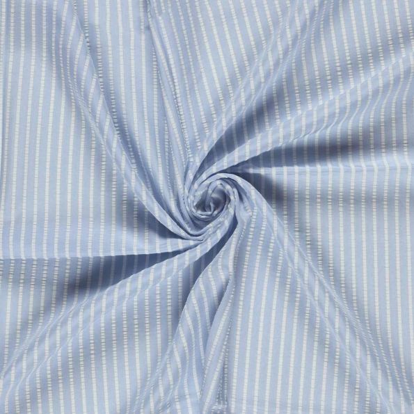 Tissu Seersucker Viscose Lina rayures Blanches sur fond Bleu ciel - Par 10 cm