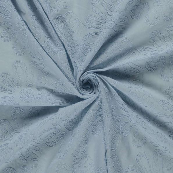 Tissu Coton brodé Adriana grandes fleurs sur fond Bleu ancien - Par 10 cm