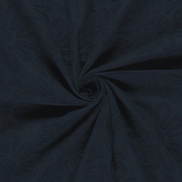 Tissu Coton brodé Adriana grandes fleurs sur fond Bleu marine - Par 10 cm