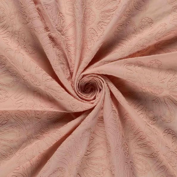 Tissu Coton brodé Adriana grandes fleurs sur fond Vieux rose - Par 10 cm