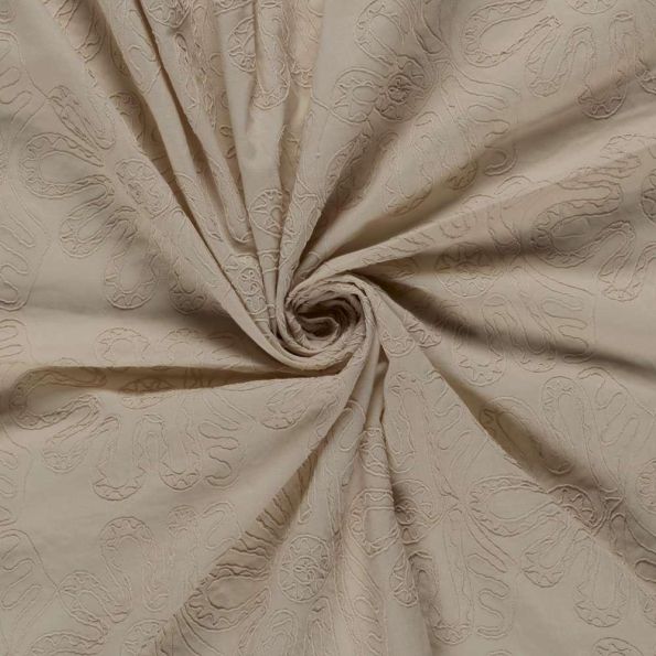 Tissu Coton brodé Adriana grandes fleurs sur fond Beige - Par 10 cm