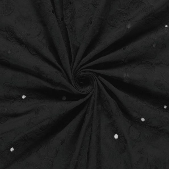 Tissu Coton brodé ajouré Adèle fleuri sur fond Noir - Par 10 cm