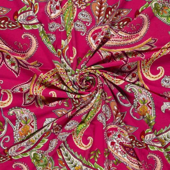 Tissu Jersey Viscose digital cachemire Bohème sur fond Rose fuchsia - Par 10 cm