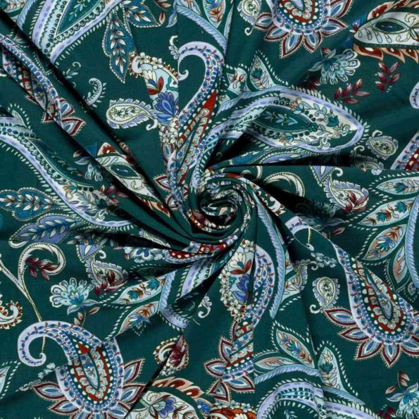 Tissu Jersey Viscose digital cachemire Bohème sur fond Vert foncé - Par 10 cm