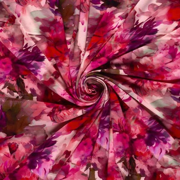 Tissu Jersey Viscose digital aquarelle floral sur fond Rose fuchsia - Par 10 cm