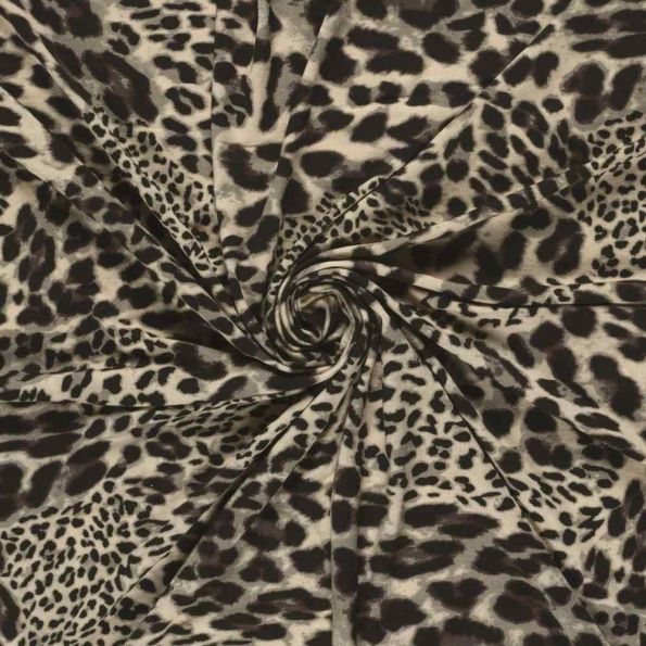 Tissu Jersey Viscose digital motif léopard Brun et Noir sur fond Grège - Par 10 cm