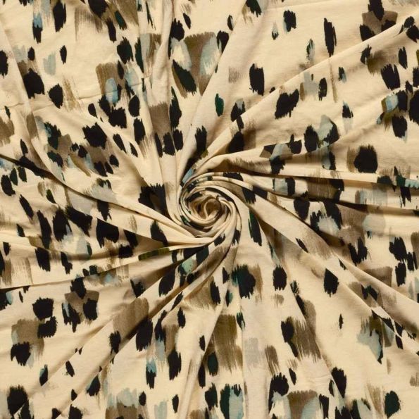 Tissu Jersey Viscose digital tacheté stylisé léopard sur fond Beige sable - Par 10 cm