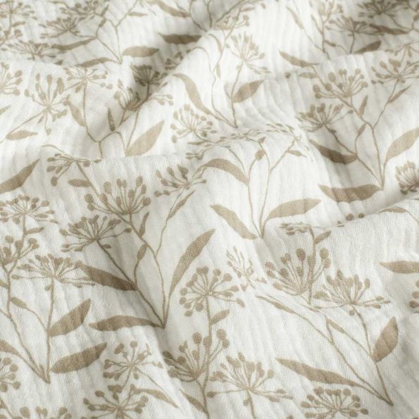 Tissu Double gaze de Coton fleurs sauvages sur fond Blanc cassé - Par 10 cm