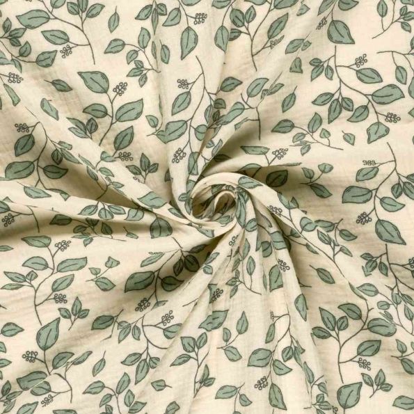 Tissu Double gaze de Coton Julia branches sur fond Ecru - Par 10 cm