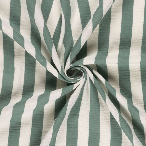 Tissu Double gaze de Coton Jules rayures Vert sur fond Ecru - Par 10 cm