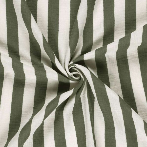 Tissu Double Gaze de Coton Rayé Vert kaki sur fond Blanc - Par 10 cm